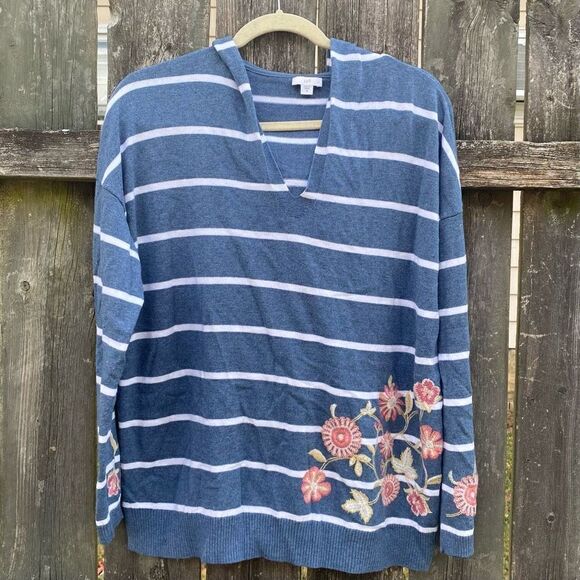 J. Jill Blue Striped Embroidered Hooded Sweater | M - Picture 1 of 4